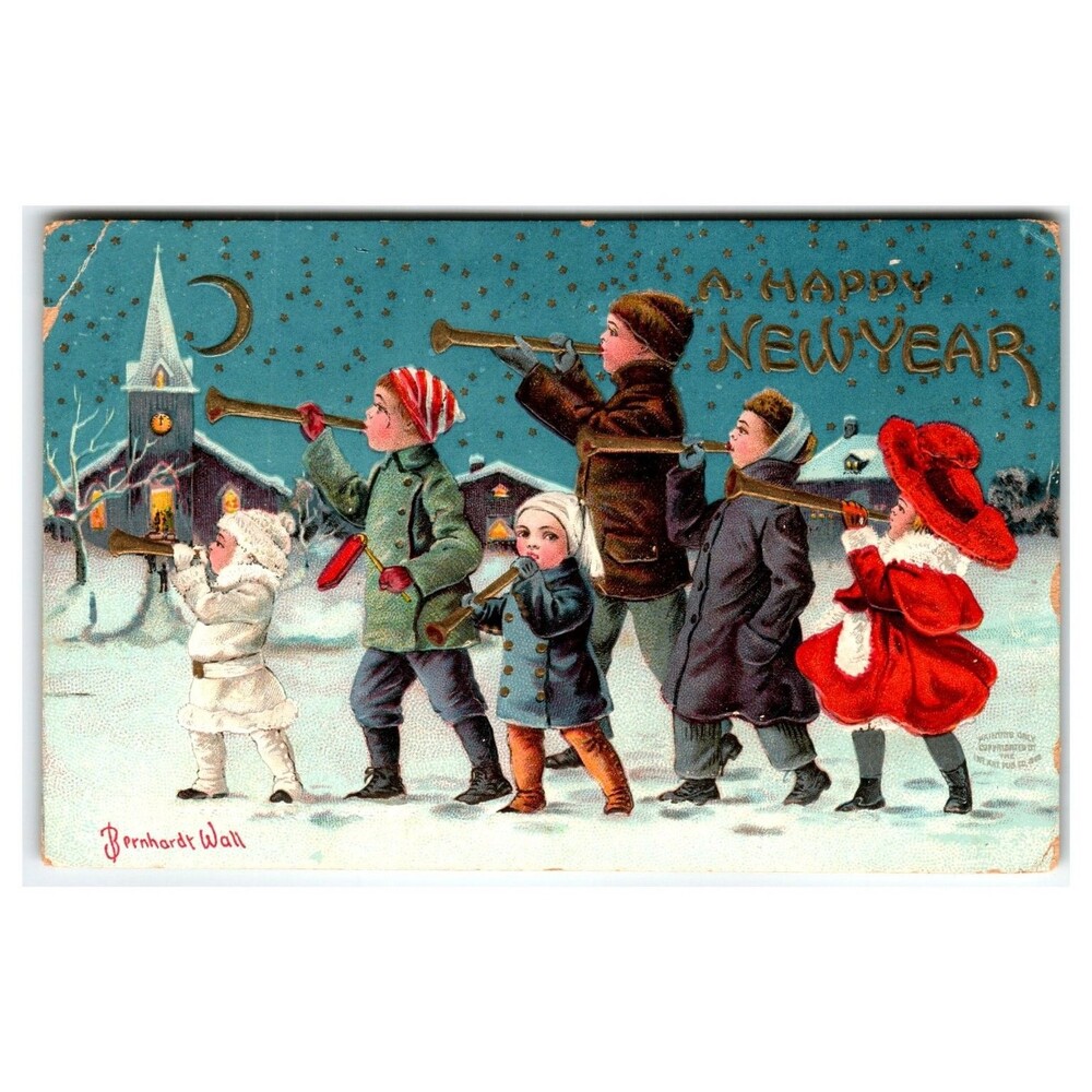 Vintage Bernhardt Wall New Year Postcard Children Playing Horns Winter Scene